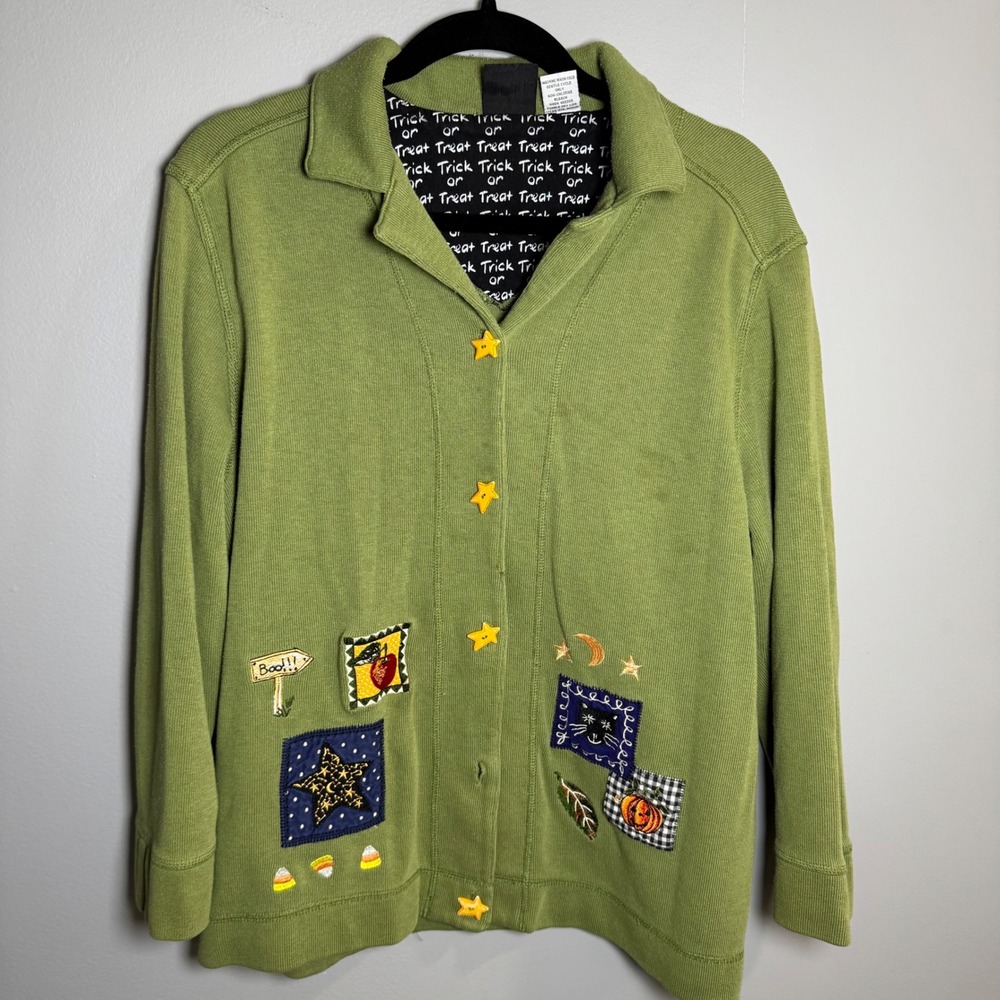 Tonque Casuals Halloween Cardigan Sweater XL Green Embroidered Patches Stars Cat